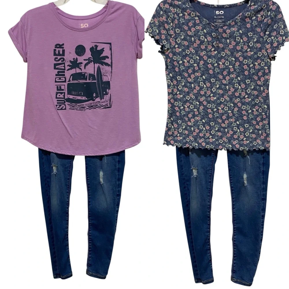 SO Kids Matching Set Jeans T-Shirt Knit Top Purple and Blue Size 14